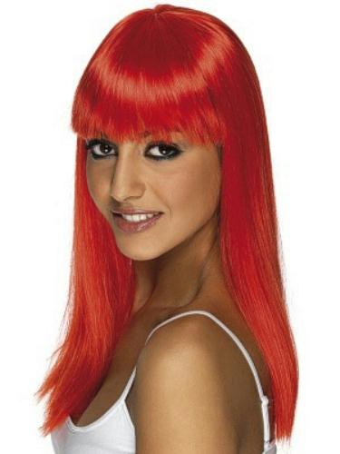 Neon Red Long Straight Glamourama Wig with Blunt Bangs