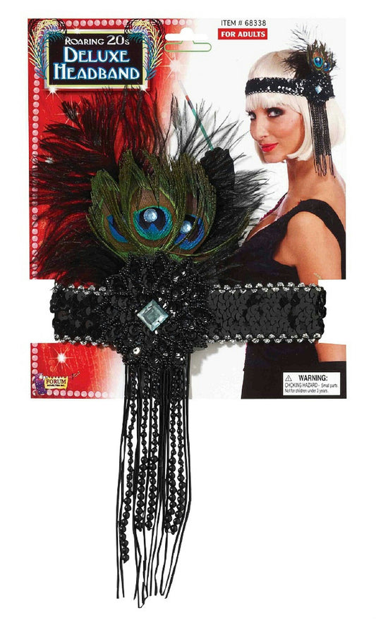 Deluxe Black Flapper Headband with Peacock Feather Costume Accessory
