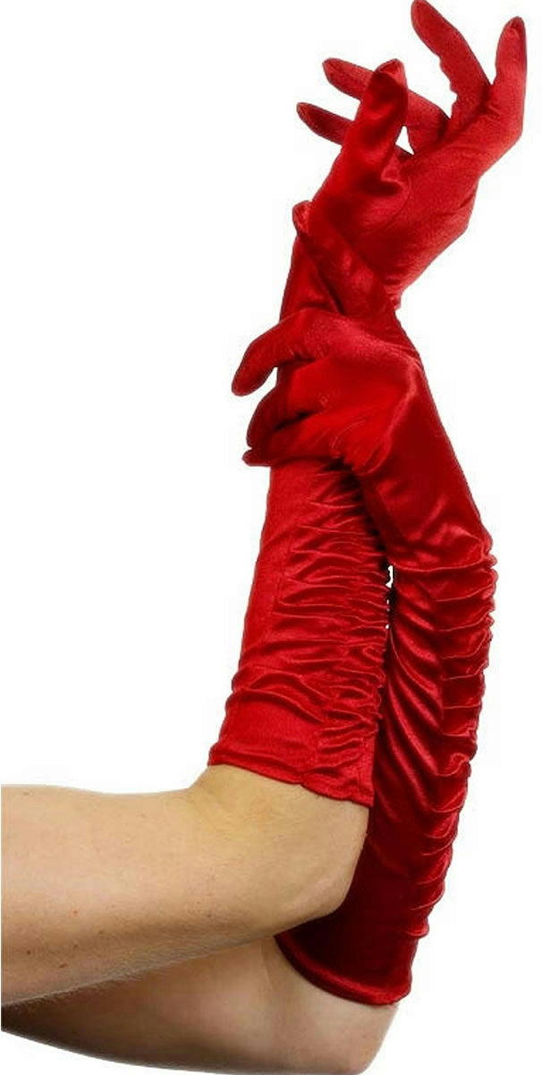 Red Ruched Long Elbow Length Dress Gloves Costume Accessory
