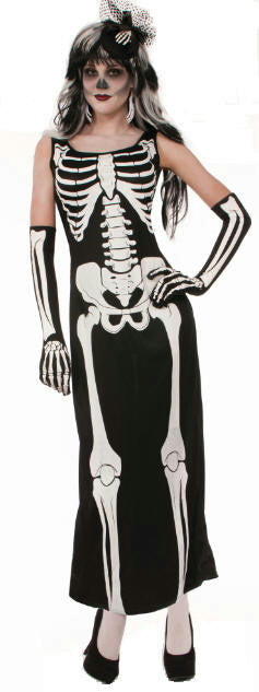 Womens Zombie Skeleton Bone Full Length Dress Halloween Costume