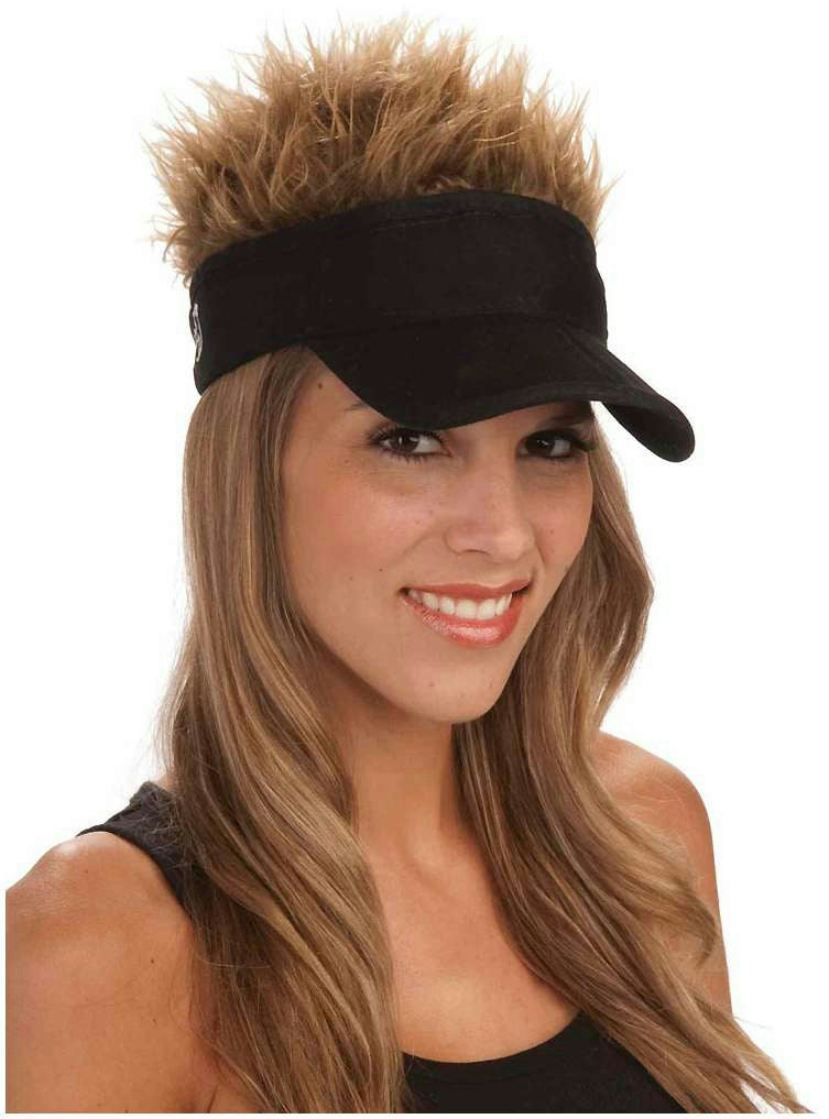Black Foldable Visor Hat with 3 Spiky Removeable Hairpieces Blonde Brown Gray