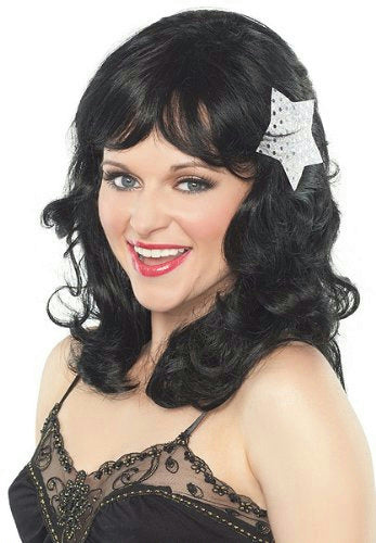 Black California Pin Up Girl Long Wavy Adult Wig with Star Accessory and Bangs
