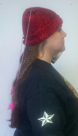 Women's Knit Beanie Cap with Attached Hair Mixed Braids with Beads and Feathers