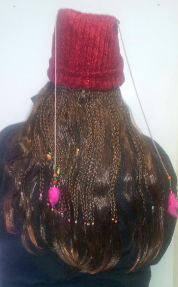 Women's Knit Beanie Cap with Attached Hair Mixed Braids with Beads and Feathers