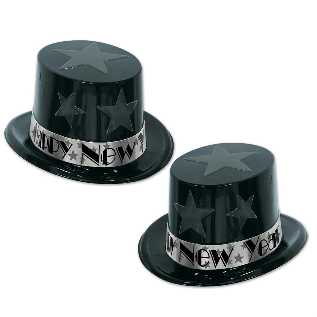 Black and Silver New Year Star Topper Plastic Party Top Hat