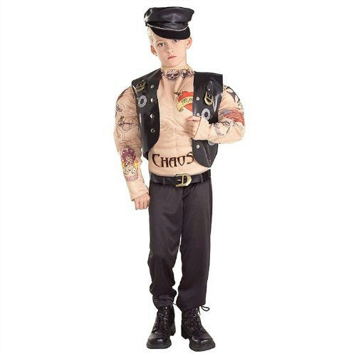 Macho Biker Child Muscle Chest Costume with Tattoos Size Large 12-14