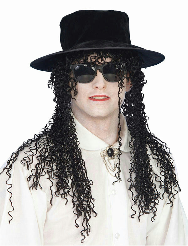 From the 80s Adult Pop Superstar Hat and Long Black Curly Wig 80's Pop Star