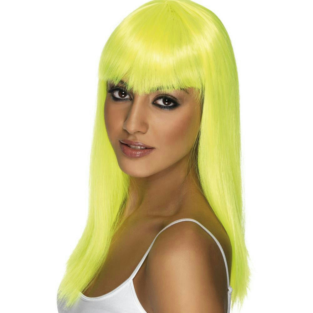 Long Neon Yellow Glamourama Lady Pop Star Wig with Bangs