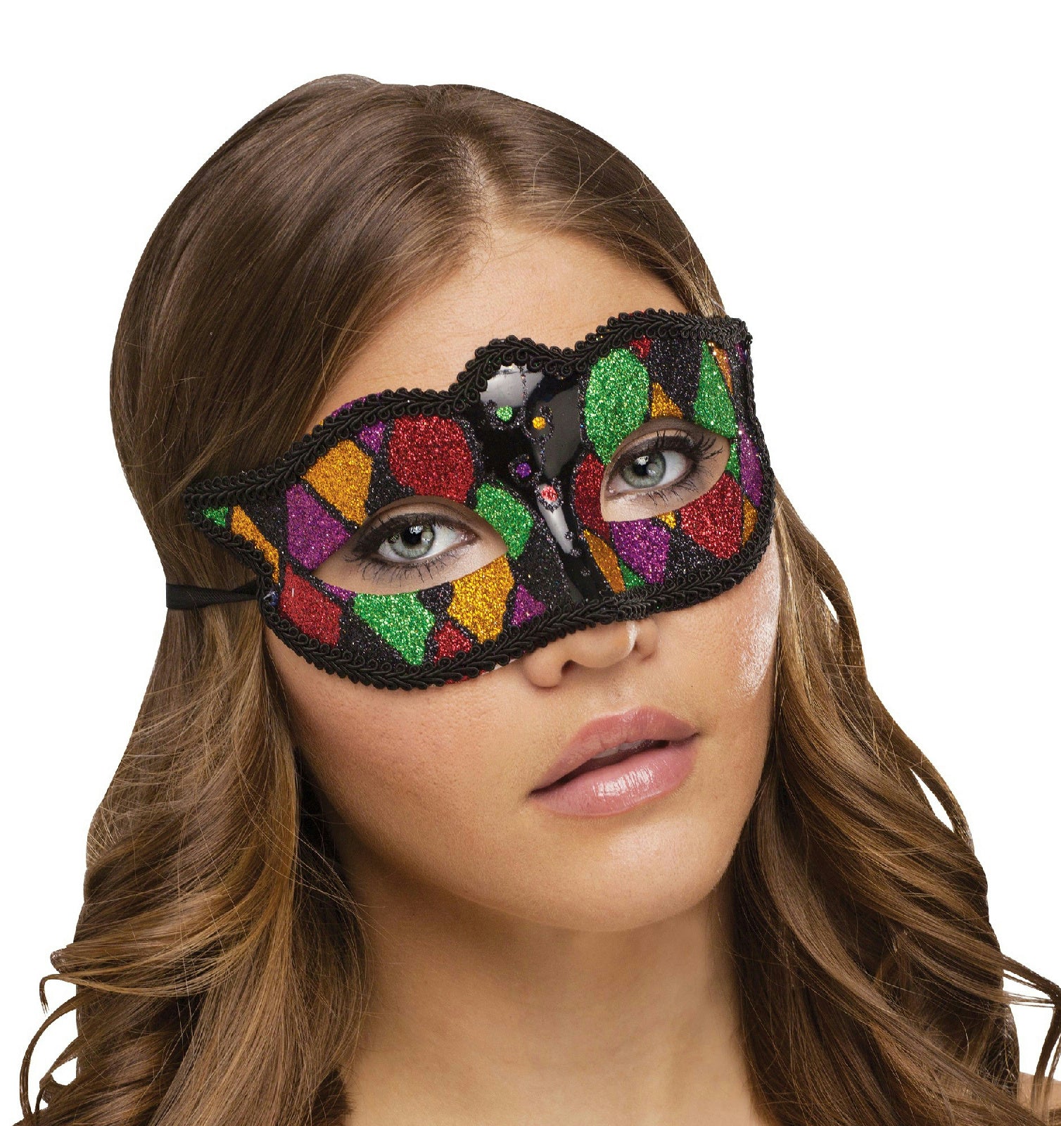 Shimmering Glitter Harlequin Black Green Red Diamond Pattern Mardi Gras Eye Mask