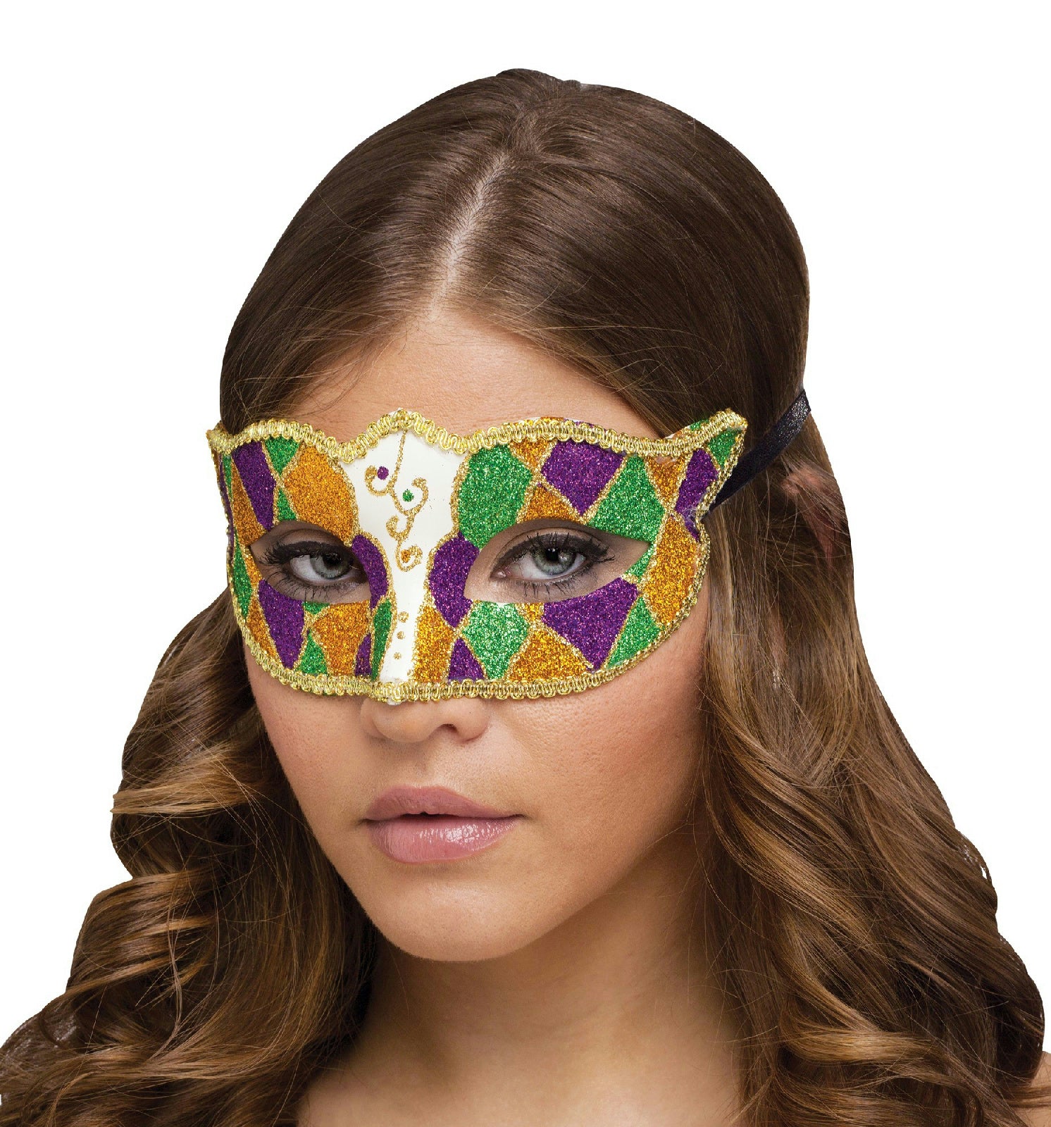 Shimmering Glitter Harlequin Gold Green Purple Diamond Shape Mardi Gras Eye Mask