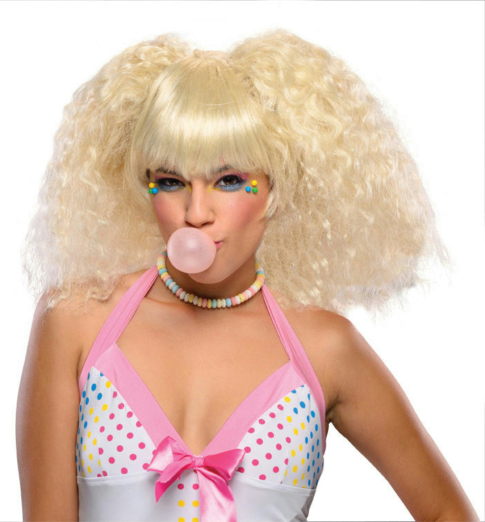 Blonde Bubble Gum Doll Style Crimped Wig with Bangs