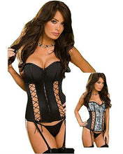 Load image into Gallery viewer, Fully Reversible Black or Blue Leopard Satin Corset Sexy Lingerie Set Size 38
