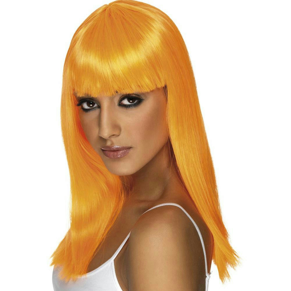 Neon Orange Long Glamourama Wig with Bangs