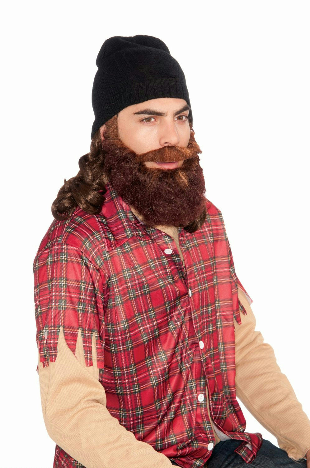 Duck Hunter Man Black Skull Cap with Attached Brown Wig and Beard