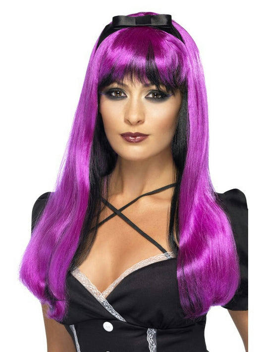Bewitching Fuchsia Pink Over Black Two Tone Womens Costume Wig with Headband