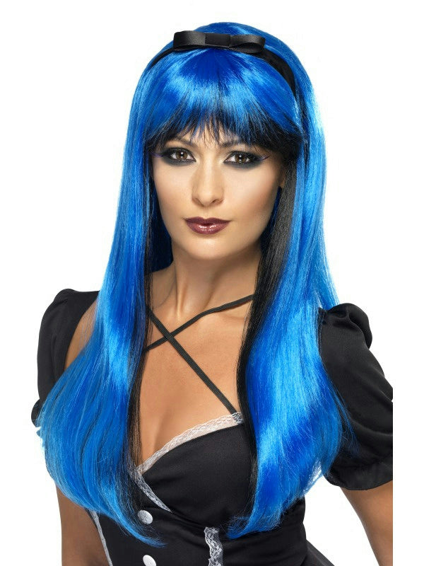 Bewitching Electric Blue Over Black Two Tone Womens Costume Wig with Headband