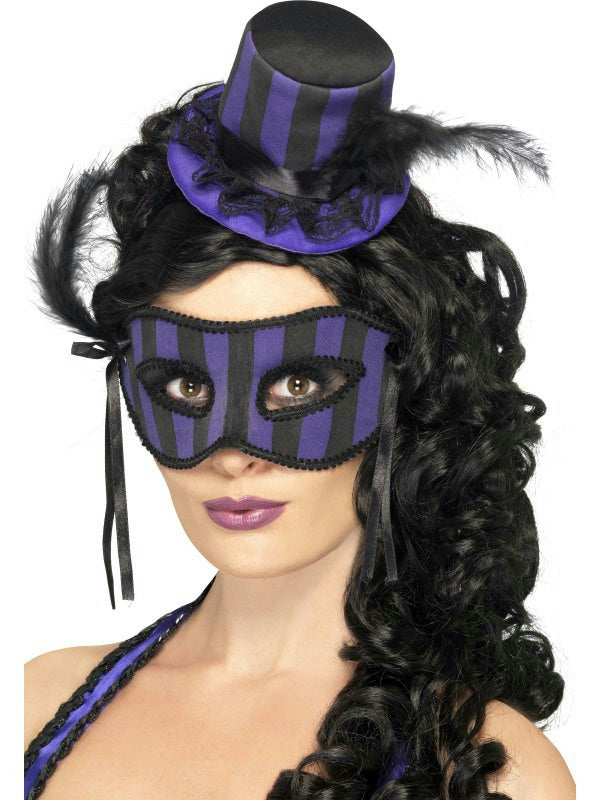 Women's Grotesque Purple and Black Striped Burlesque Hat and Eyemask Set