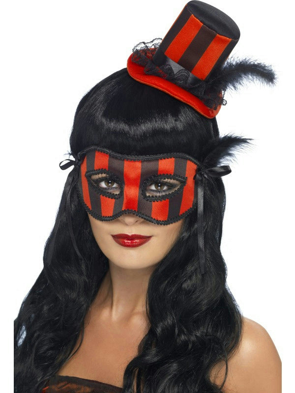 Women's Grotesque Red and Black Striped Burlesque Hat and Eyemask Set