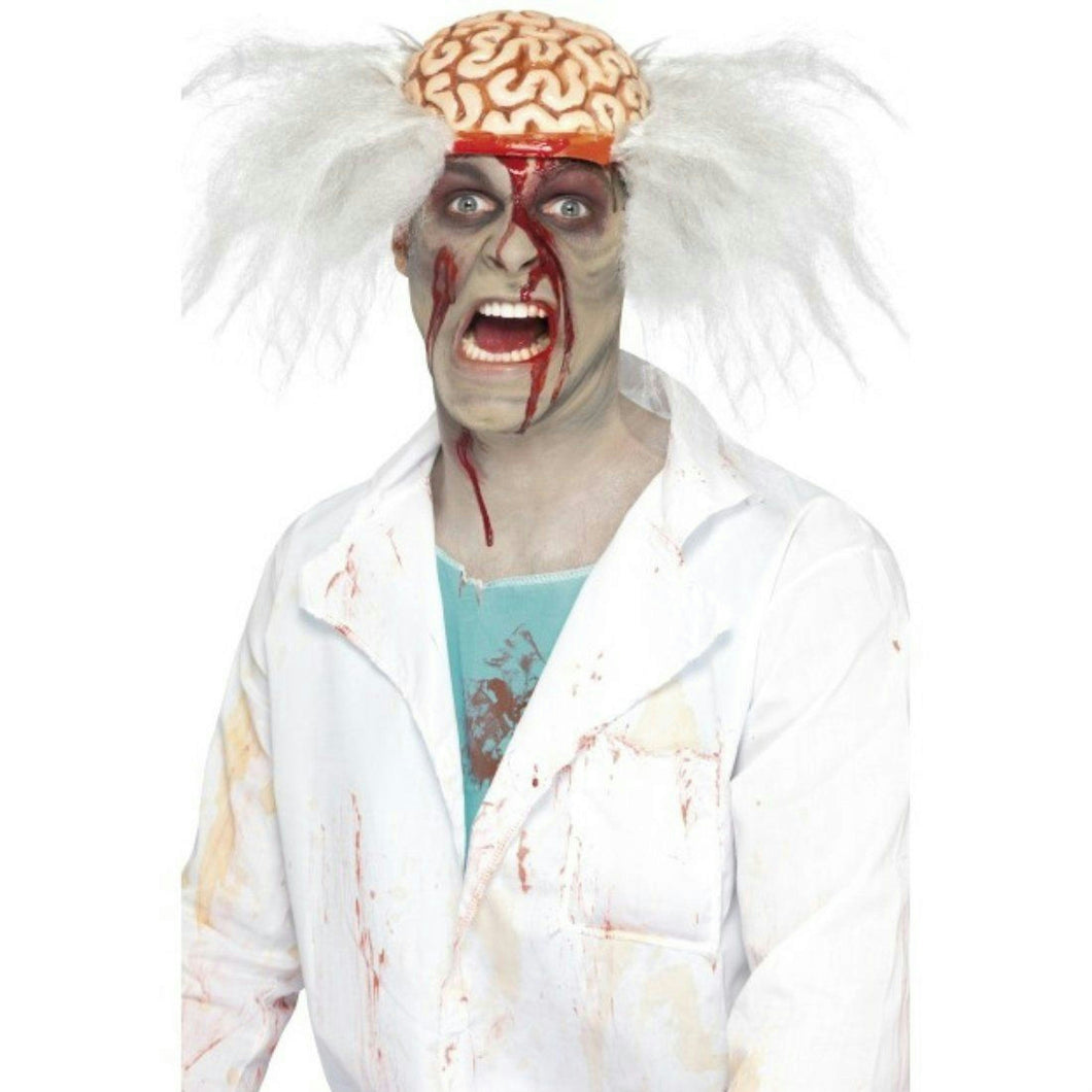 Men's Scalped Mad Scientist White Wig with Exposed Bloody Brain