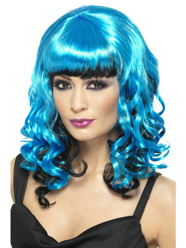 Women's Blue and Black Tainted Garden Stricken Angel Shoulder Length Curly Wig