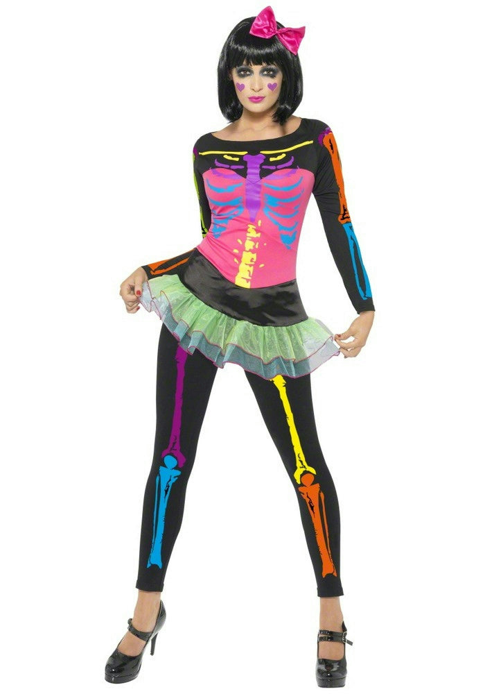 Neon Skeleton with Skirt Adult Costume Size LG 12-14