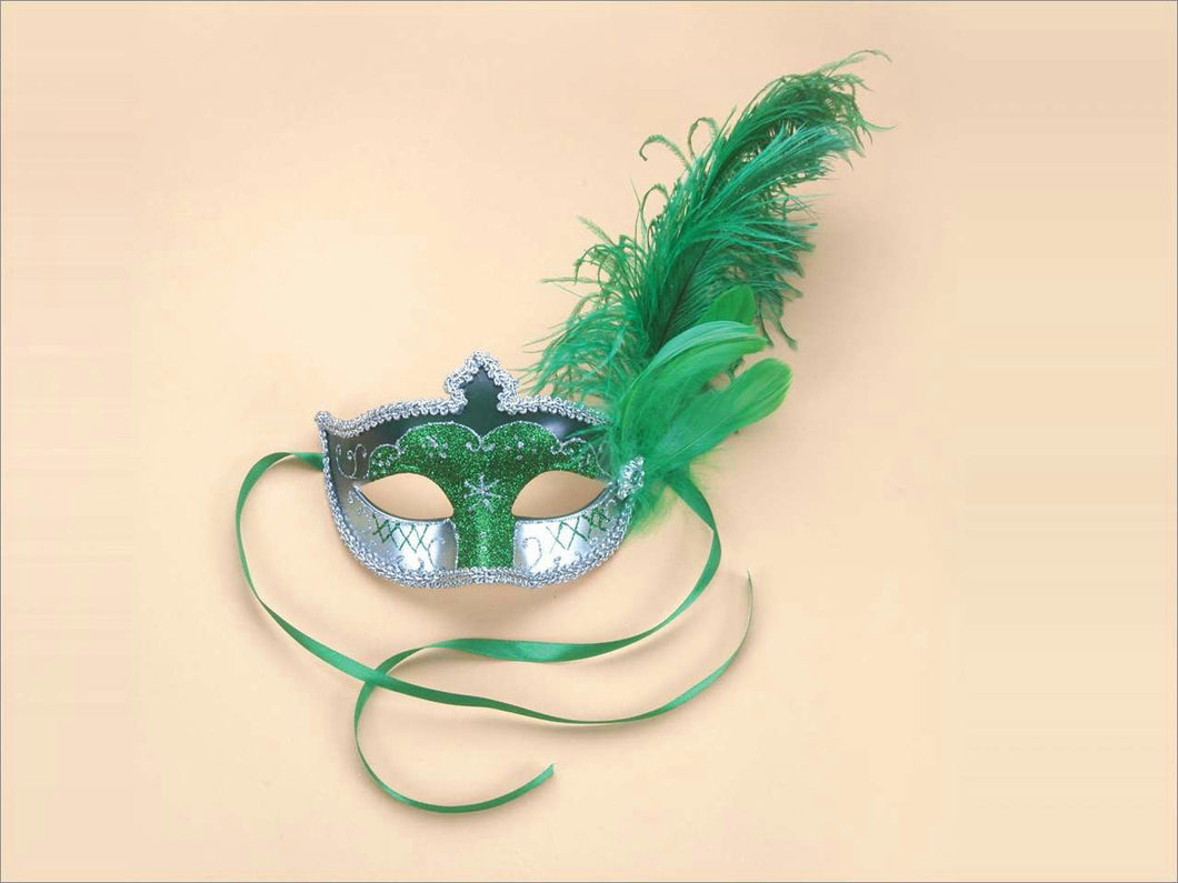 Green Glitter Half Venetian Mask With Feather Great for Mardi Gras