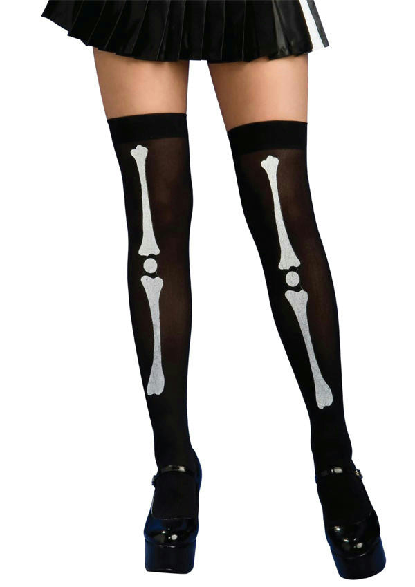 Ladies Day of the Dead Black and White Bone Print Thigh Highs