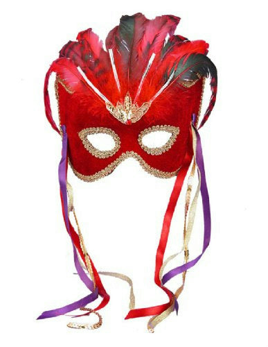 Red Venetian Karneval Mardi Gras Mask with Feathers and Ribbons