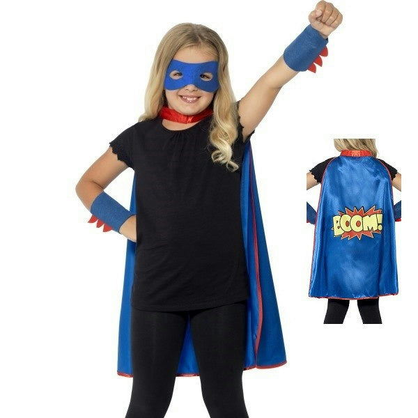 Unisex Childs Blue Superhero Cape Eyemask and Cuffs Costume Kit