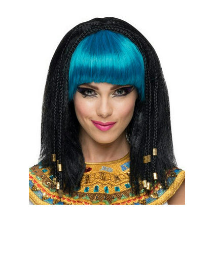 Women's Black Egyptian Princess Wig with Turquoise Bangs and Beads