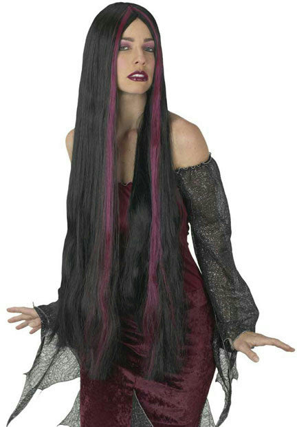 36" Black and Burgundy Long Streaked Witch Wig