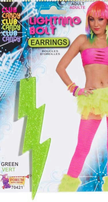 Forum Novelties Women's Neon Green Plastic Glitter Lightning Bolt Earrings