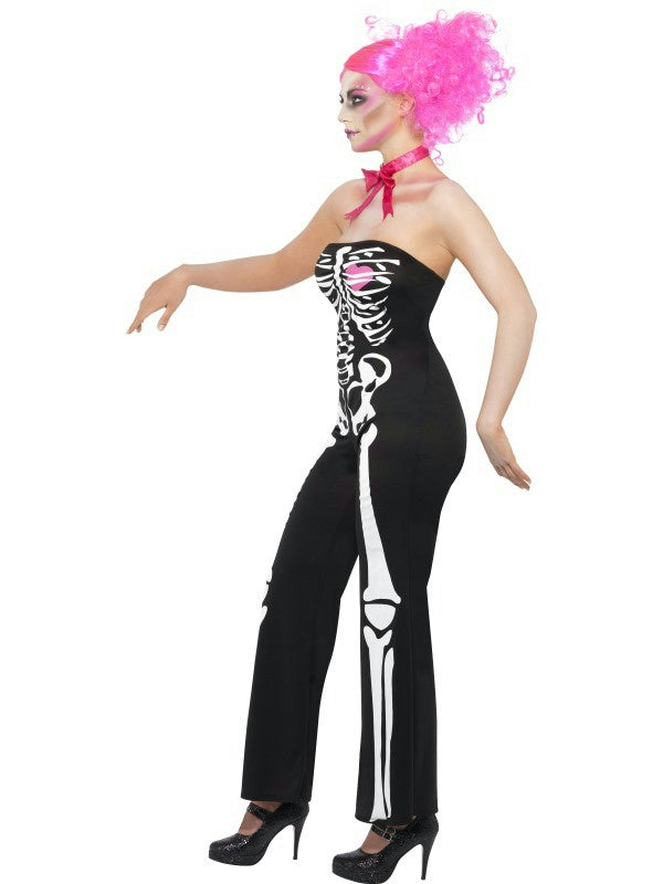 Womens Sassy Sexy Skeleton Adult Costume Jumpsuit and Neck Tie Size XS