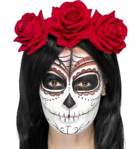 Day Of The Dead Headband with Roses Red Flower Halo