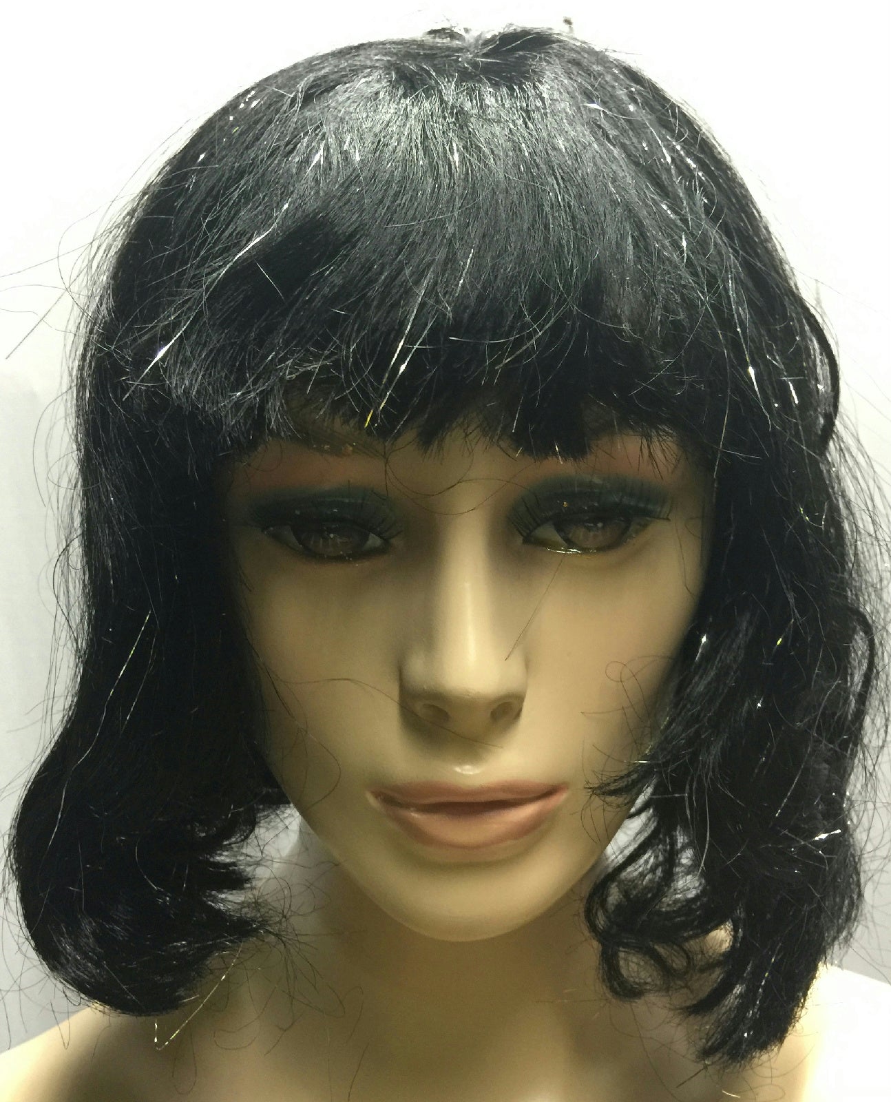 Black Silver Tinsel Bob Wig With Bangs Sparkle Cleopatra