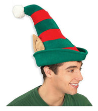 Load image into Gallery viewer, Red and Green Striped Christmas Elf Hat with Ears and Pom Pom
