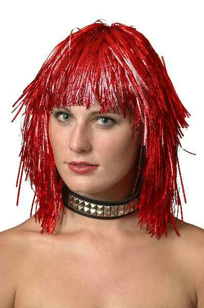 Cyber Red Metallic Tinsel Wig