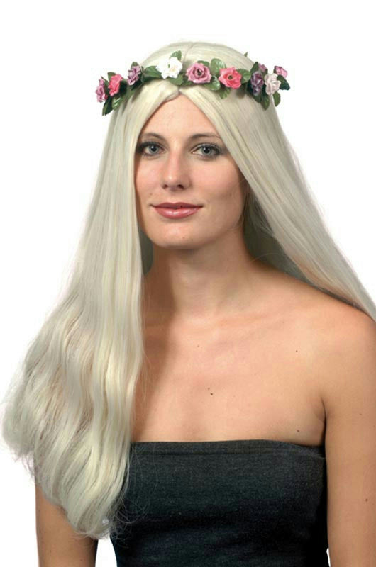 60's Titania Long Blonde Hippie Wig with Flower Halo Headdress