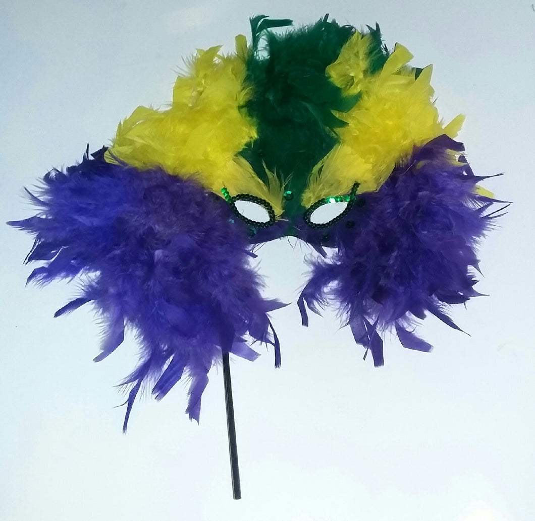 Purple Yellow Green Mardi Gras Feather Showgirl Masquerade Mask On a Stick 4485