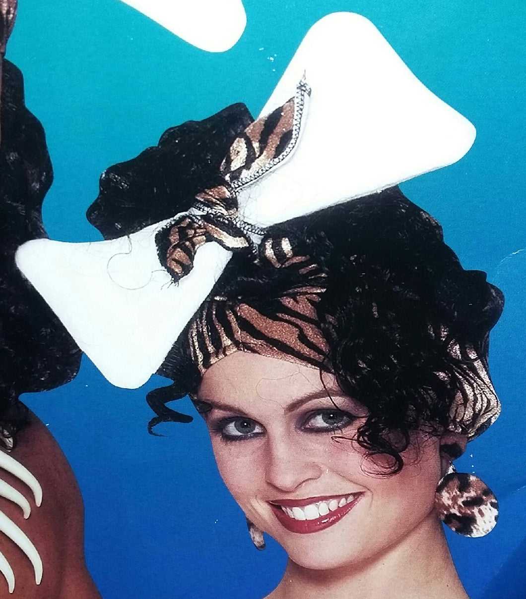 Cavewoman Animal Print Hat with Attached Black Curly Hair Caveman Bone Headpiece