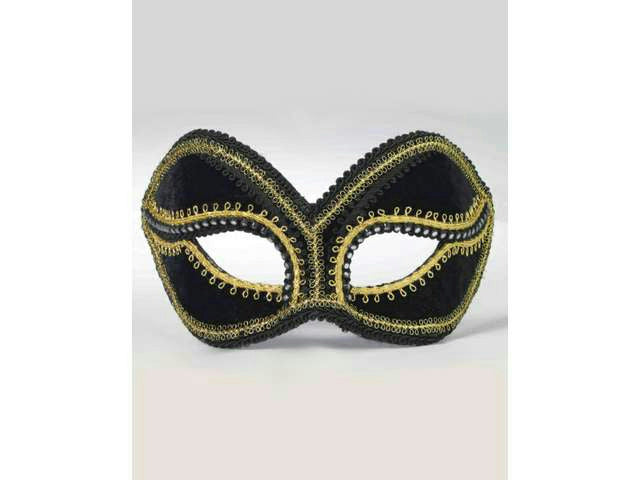 Black Venetian Masquerade Mask with Eyeglass Arms Gold Trim & Rhinestones 69398