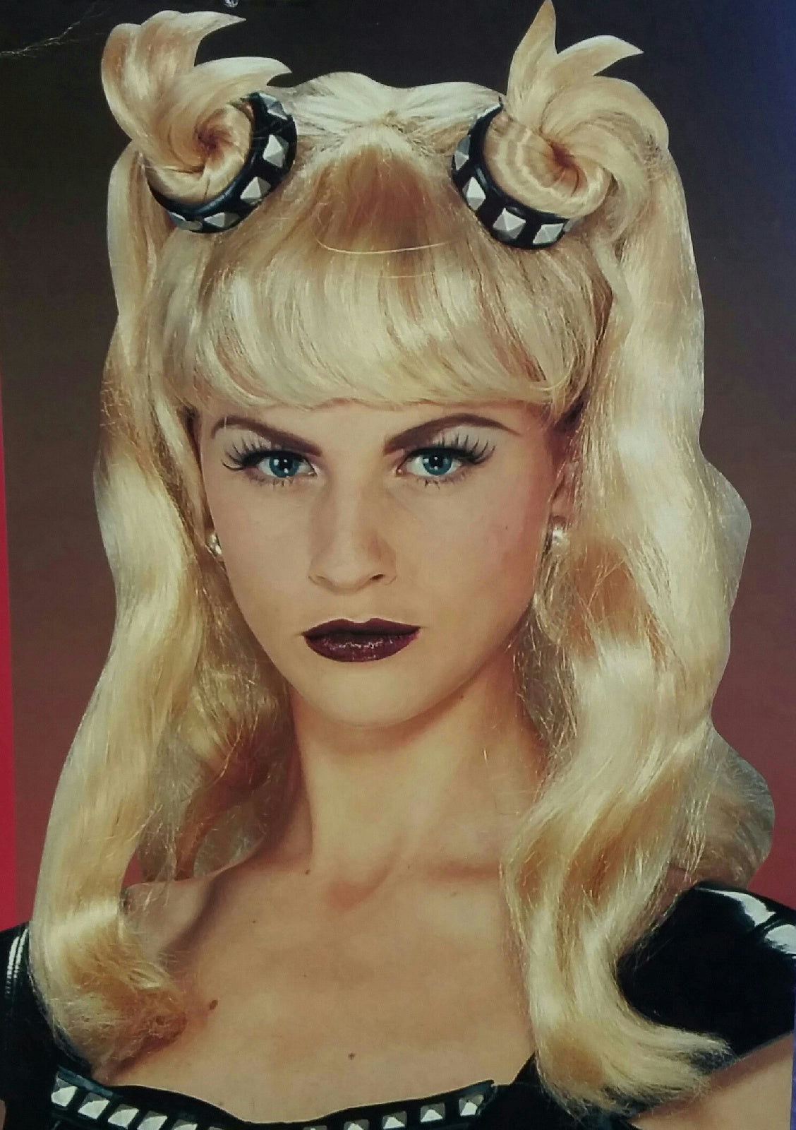 Blonde Dominatrix Wig Wavy Wig with Bangs and Pigtails Studded Choker Accent