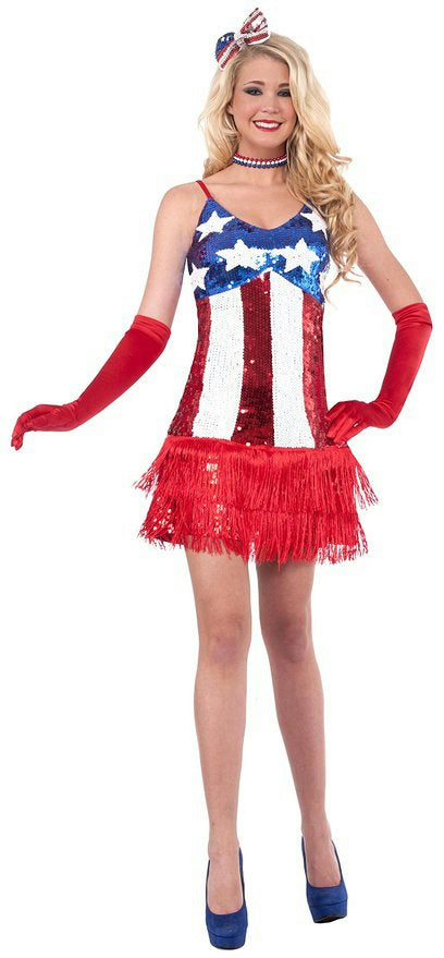 Sexy Patriotic Sparkle July 4th American Flag Sequin Flapper Costume Dress M/L