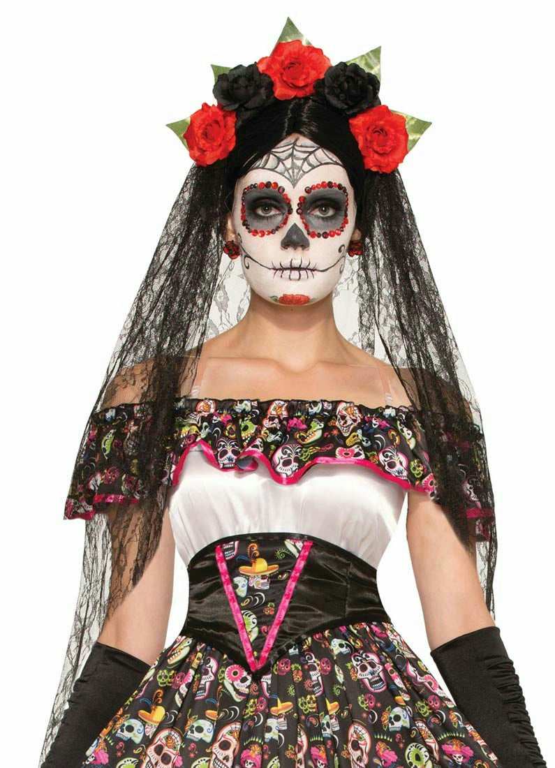 Adult Day of the Dead Black Veil Headband with Flowers