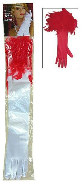 Forum Theatrical Elegant Long White Gloves with Red Feather Trim