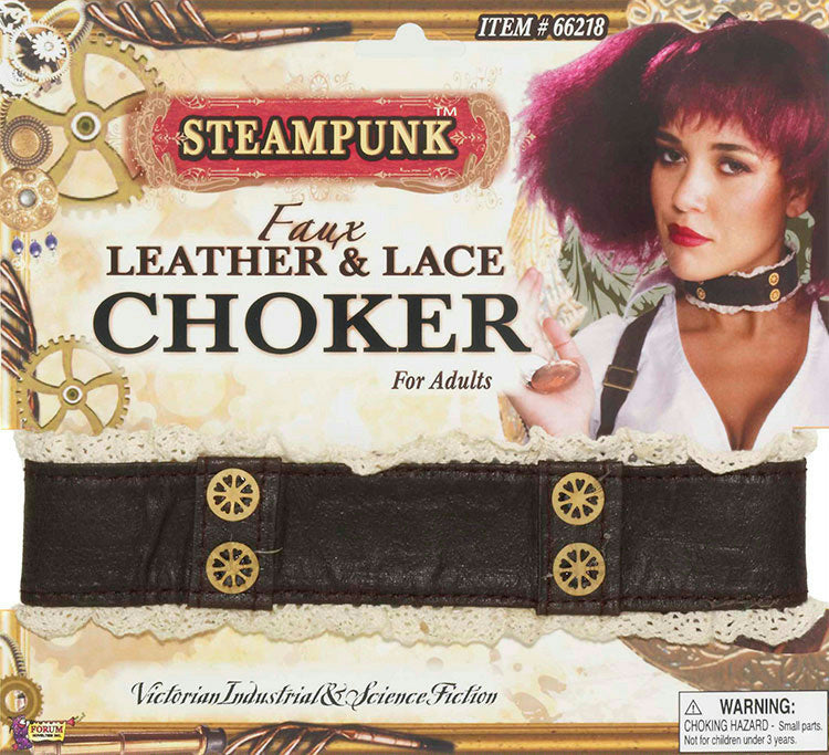 Steampunk Faux Leather Lace and Gears Choker Costume Jewelry
