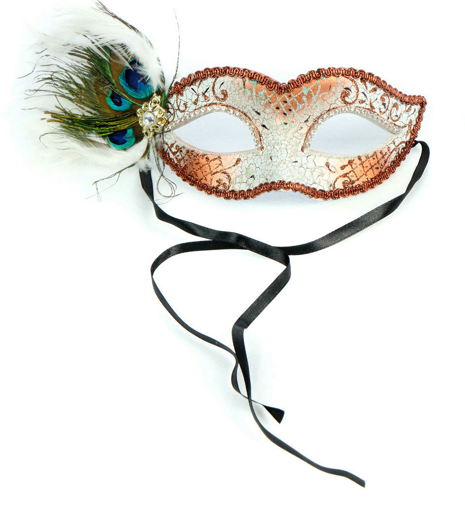 White Crackled Masquerade Venezia Eye Mask with Peacock Feathers and Jewels