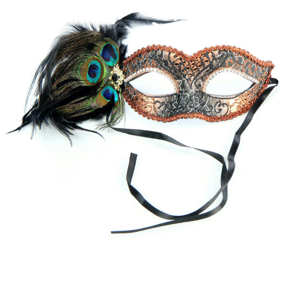 Bronze Crackled Masquerade Venezia Eye Mask with Peacock Feathers and Jewels