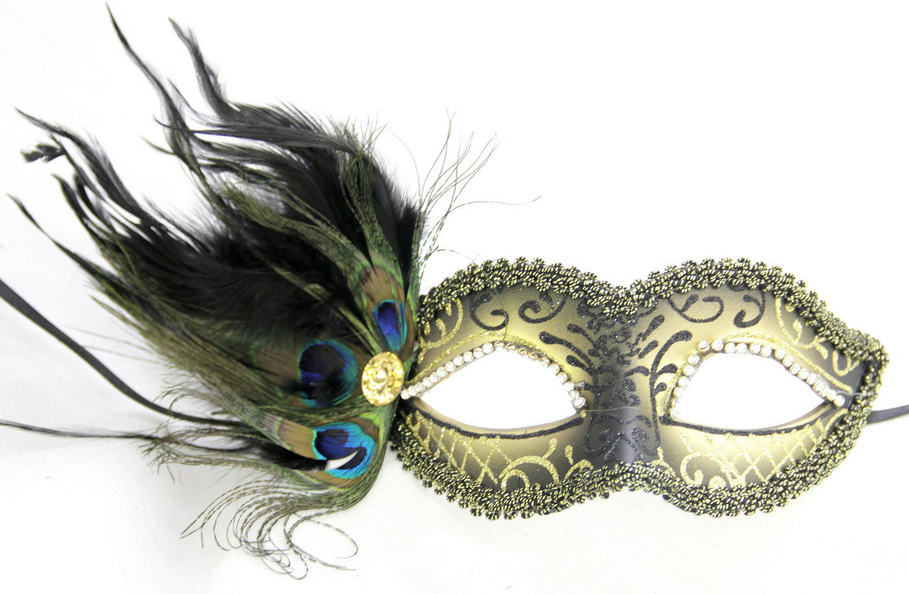 Gold Cipriani Venetian Masquerade Eye Mask with Feathers Rhinestones and Jewel