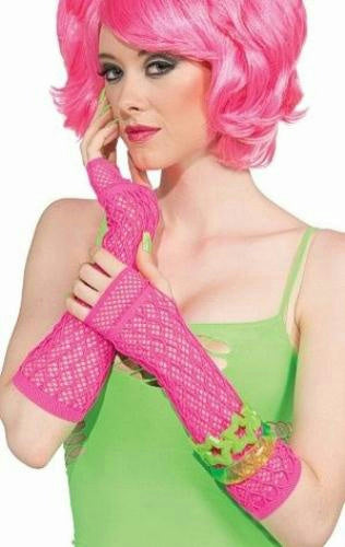 80's Club Candy Pink Double Fishnet Glovelettes Gloves